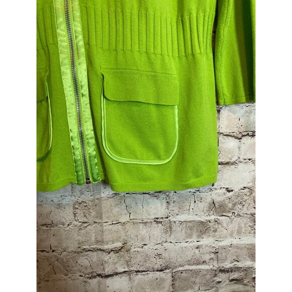 AVA Sweater Womens Large Neon Green Full Front Zip Up Satin Cowl Neck Cardigan - Picture 6 of 12